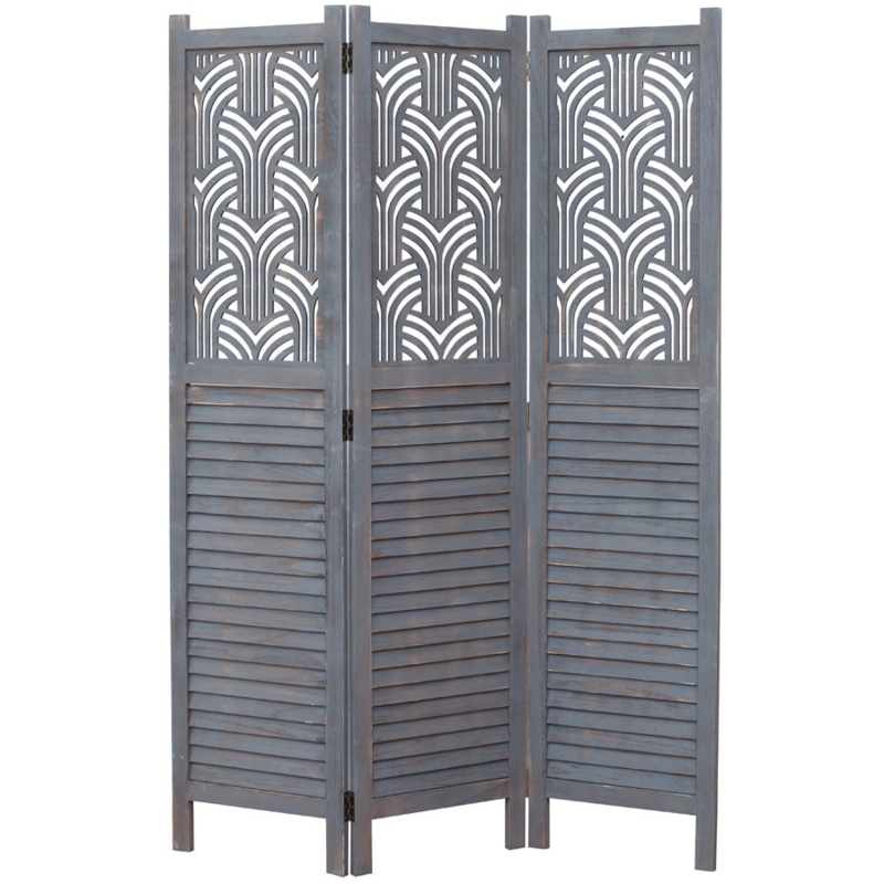 Room Divider Geometric Fretwork Rustic Wood 3-Panel Folding Screen