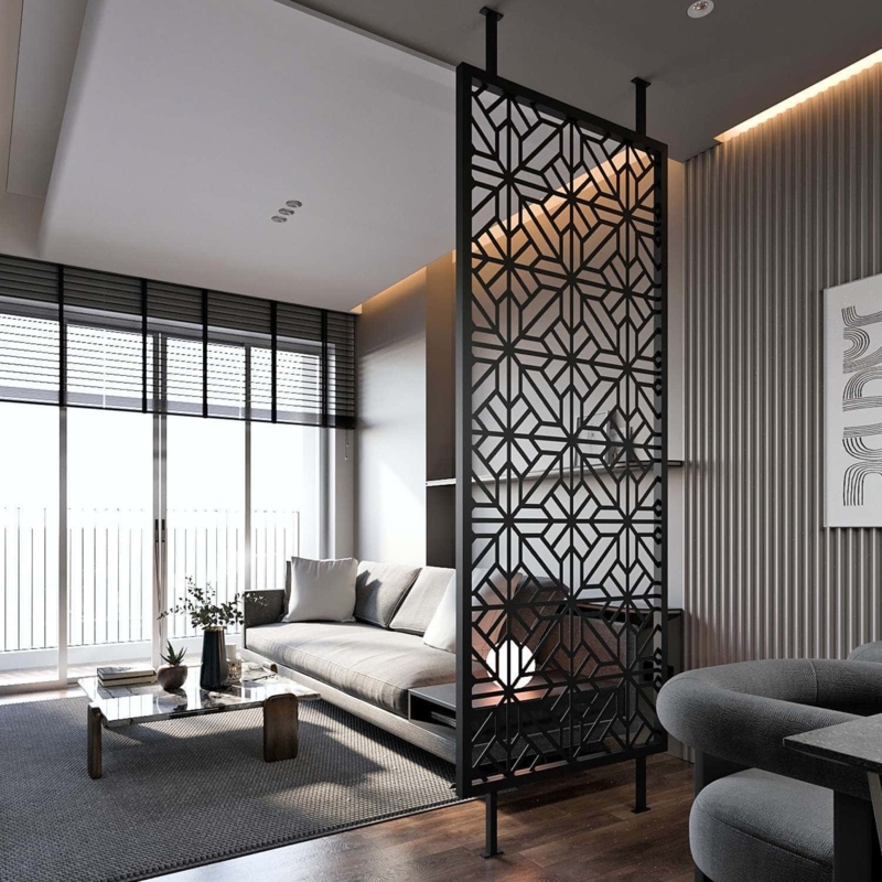 Room Divider Geometric Lattice Black Metal Floor to Ceiling Partition