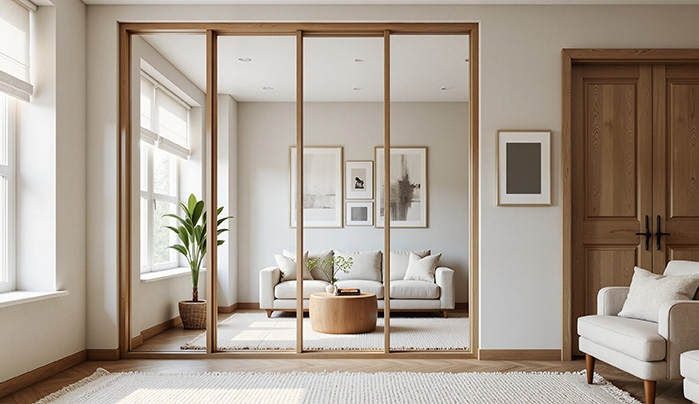 Room Divider Glass Sliding Partition, Slim Wood Frames & Herringbone