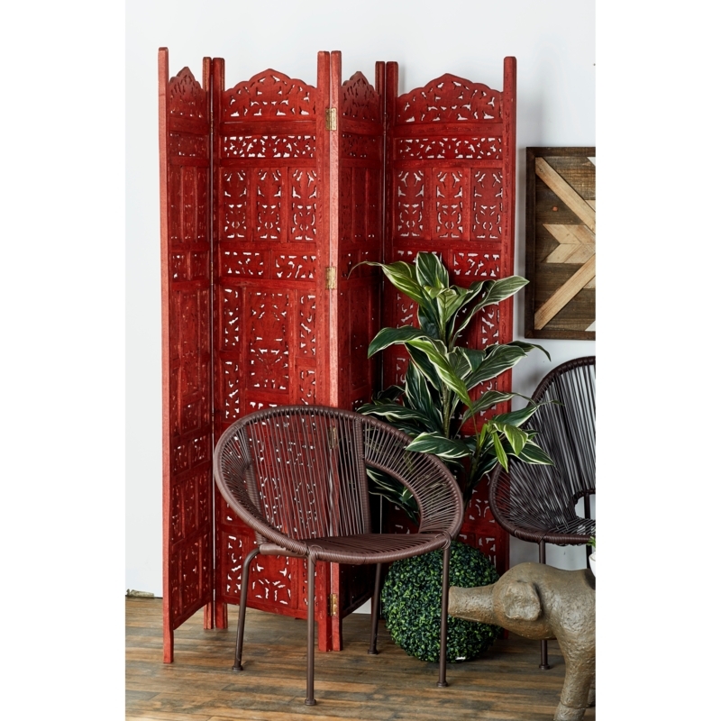 Room Divider, Global Inspired Carved Folding Partition Distressed Finish