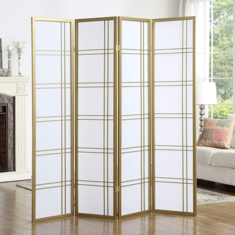 Room Divider Gold Geometric Grid 4 Panel Shoji Style White Screen