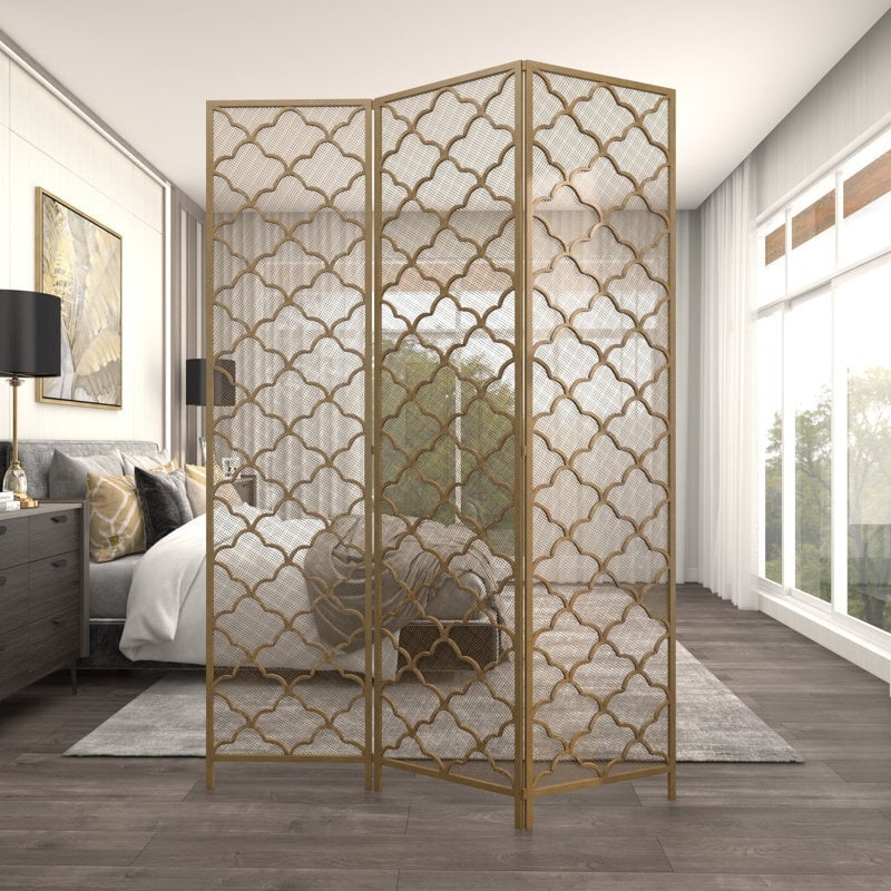 Room Divider Gold Scalloped Lattice 3-Panel Folding Screen Glam