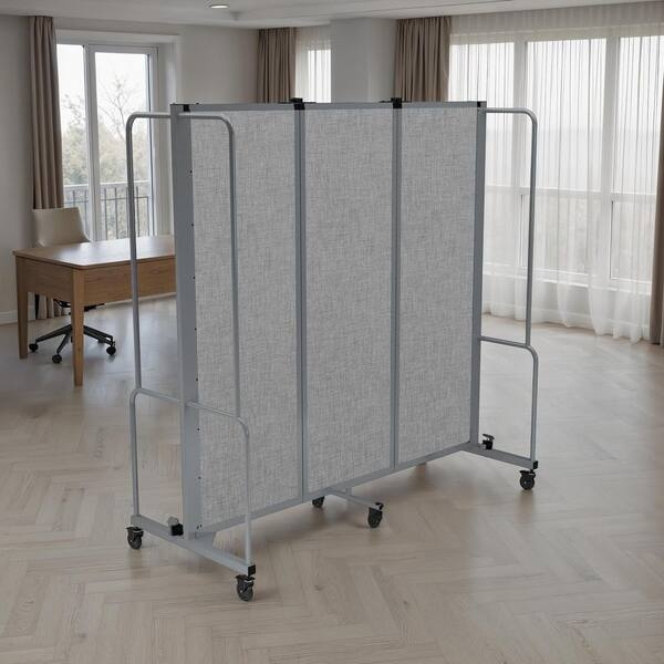 Room Divider Gray Linen Like Fabric Three Panel Folding Mobile