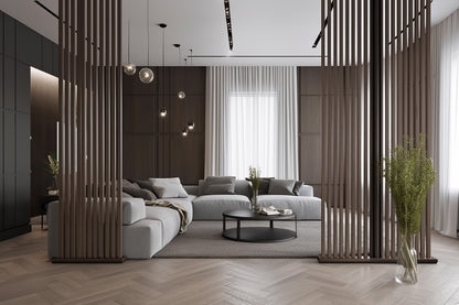Room Divider Gray Oak Slats Architectural Vertical Partition Wall