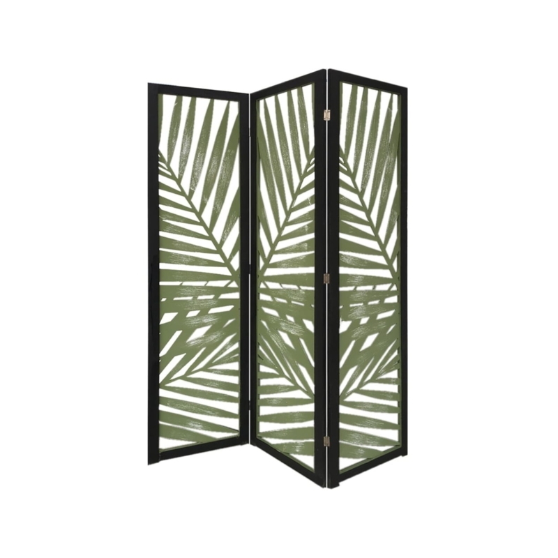 Room Divider Green Palm Leaf Cutout On Black Frame Folding Screen