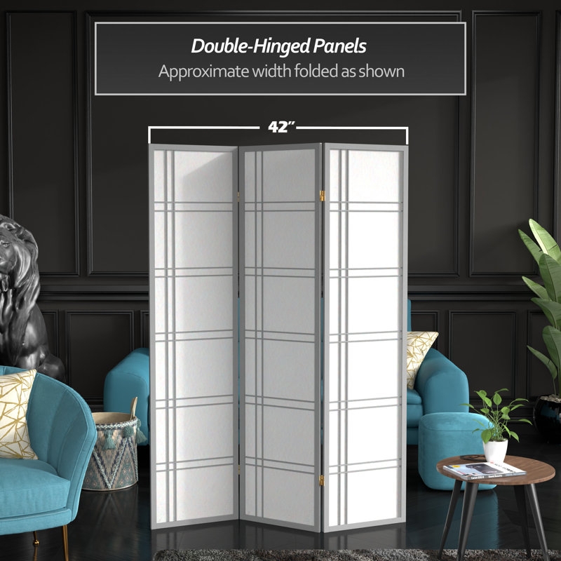Room Divider: Grey 3-Panel Shoji Screen with Double Hinged Grid Design