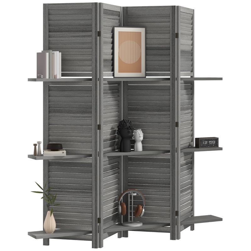 Room Divider Grey Folding Screen with Integrated Display Shelves