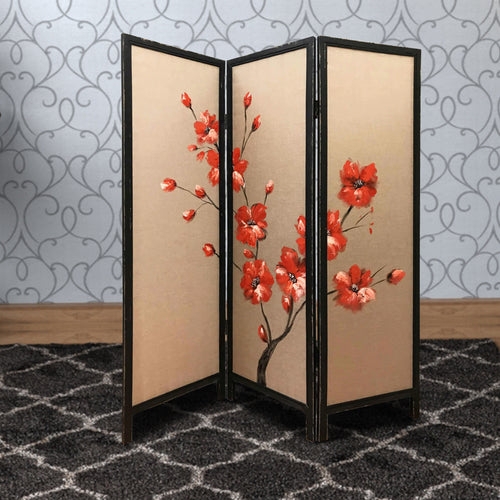 Room Divider, Hand Painted Fabric Floral Motif Distressed Frame