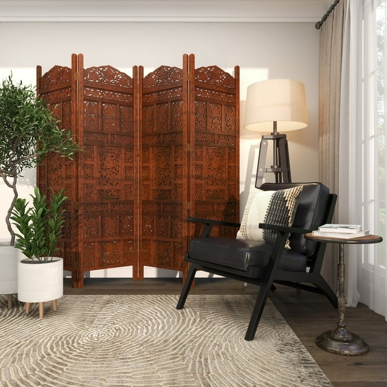 Room Divider, Handmade Floral Carving Folding Screen Wood Tone