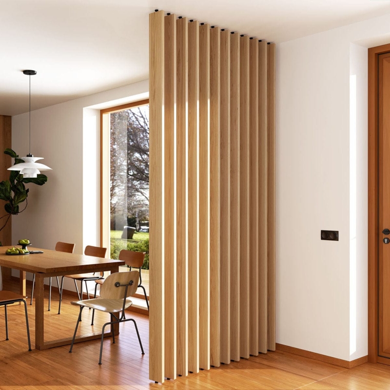Room Divider, Honey Oak Finish, Floor-to-Ceiling, Modern Wood Slat Room Divider