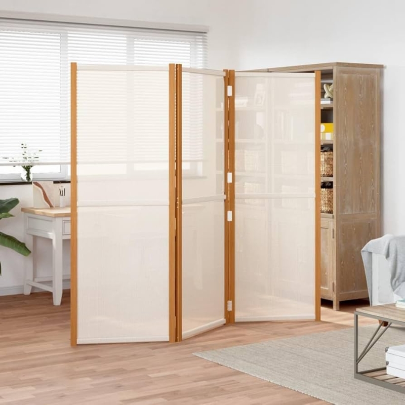 Room Divider Honey Oak Frame Cream Semi Translucent Fabric Screen