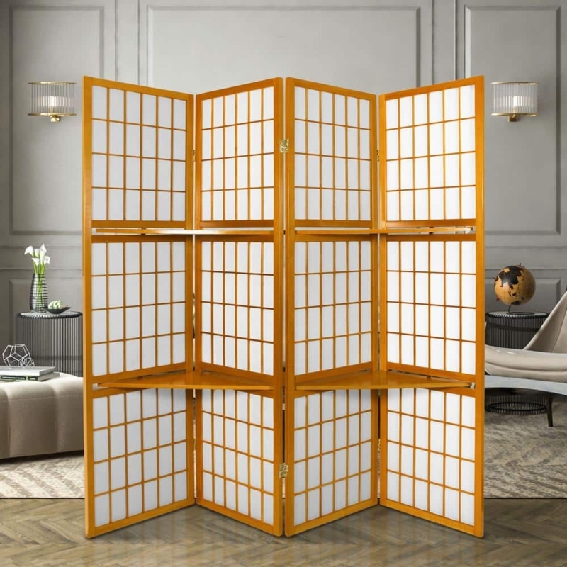 Room Divider: Honey Wood 4-Panel Shoji Screen with Integrated Shelving