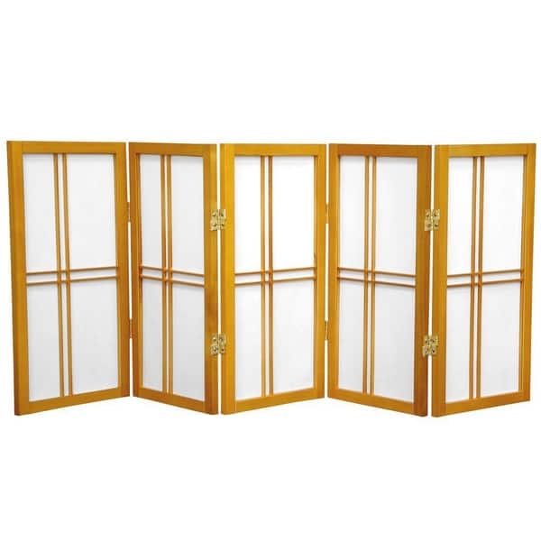 Room Divider: Honey Wood 5-Panel Shoji Screen featuring Double Cross Lattice
