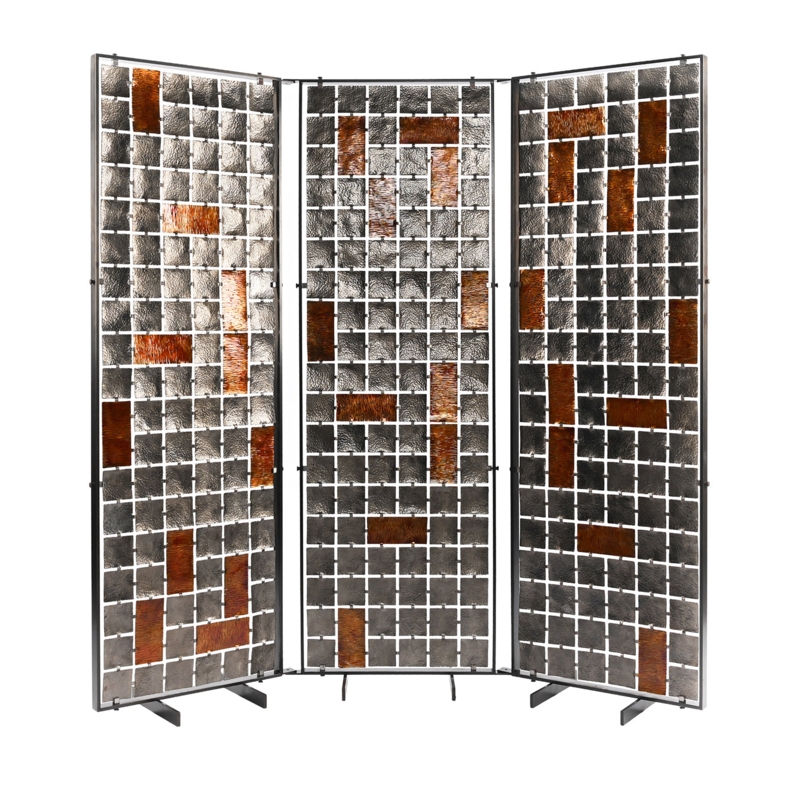 Room Divider Industrial Hammered Metal with Amber Glass Inserts