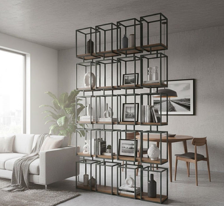 Room Divider Industrial Metal Staggered Geometric Frame Bookcase