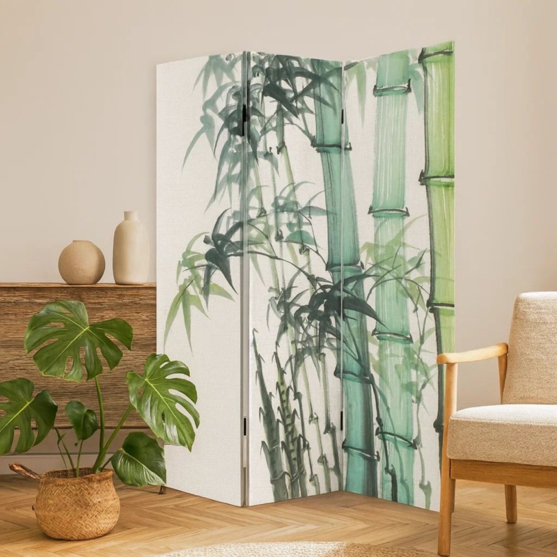 Room Divider Ink Wash Style Bamboo Print Canvas 3-Panel Folding Screen