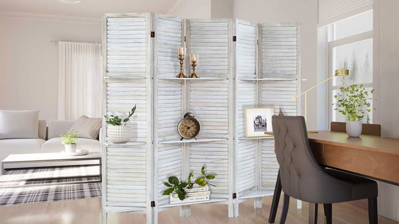 Room Divider Integrated Shelves Distressed White Finish Shutter Style
