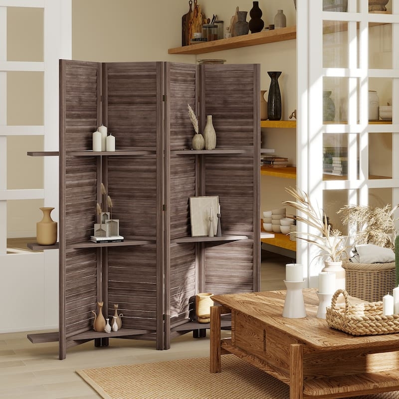 Room Divider Integrated Shelving Distressed Taupe Modern Farmhouse Screen