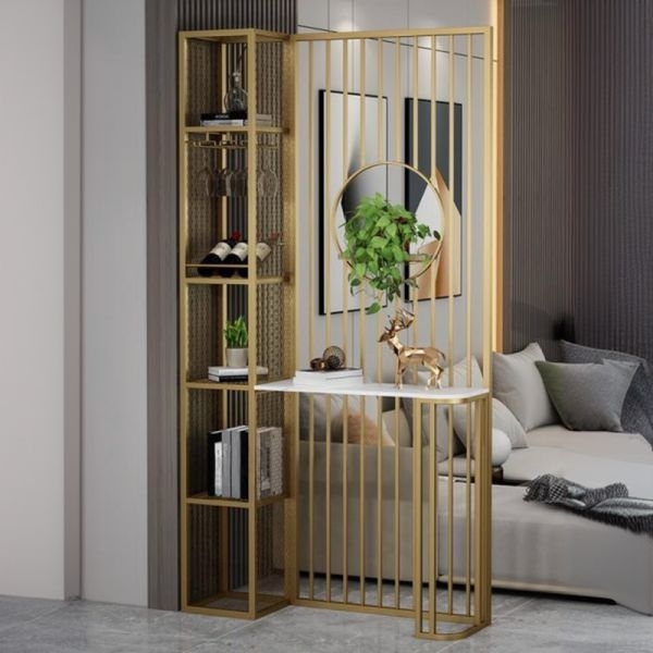 Room Divider Integrated Wine Rack Circular Cutout Slatted Screen