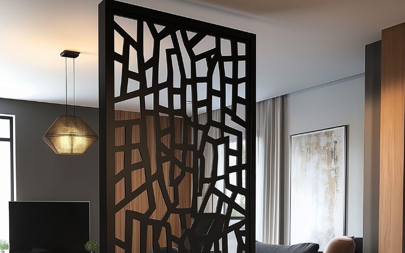 Room Divider, Irregular Geometric Cutouts, Matte Black Partition
