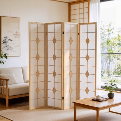 Room Divider Japanese Inspired Translucent Shoji Diamond Accents Screen