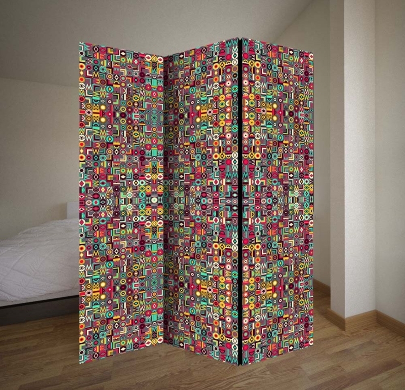 Room Divider Kaleidoscopic Geometric Pattern Tri-Fold Screen Vibrant