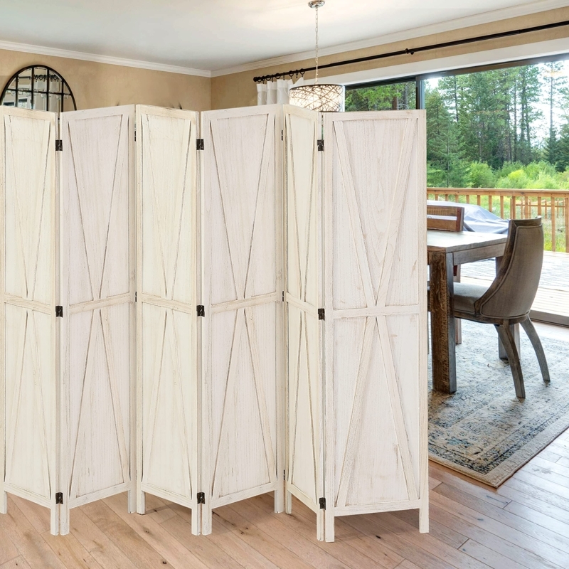 Room Divider, Large 6 Panel Whitewashed X-Brace Folding Screen