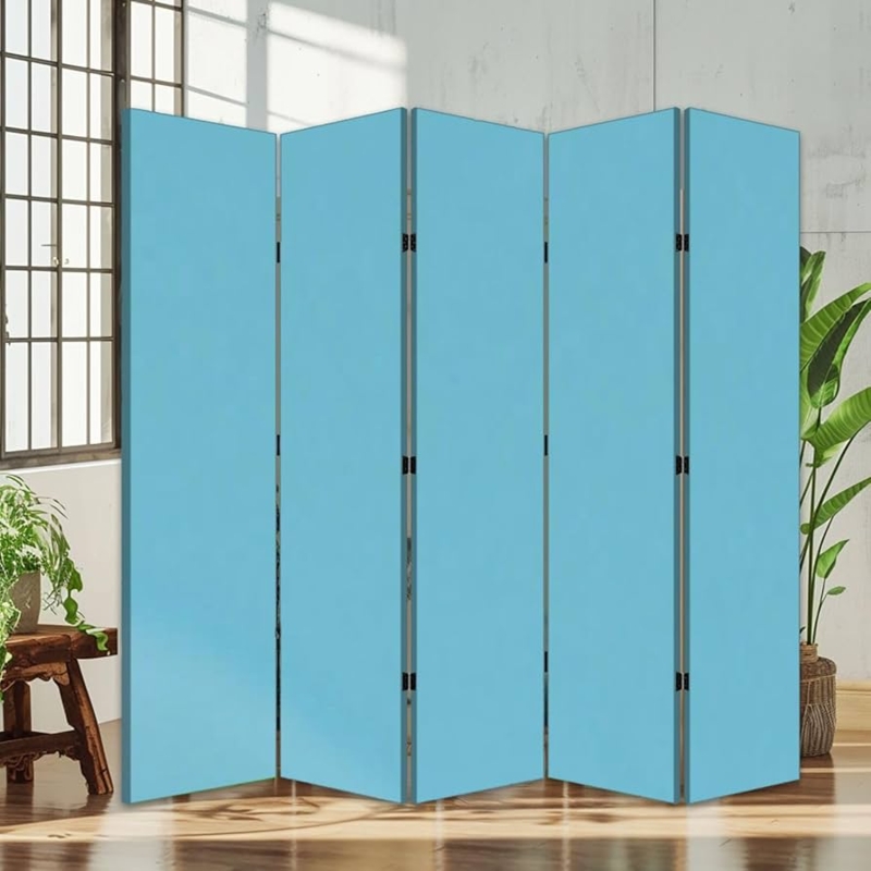 Room Divider Light Blue Five Panel Canvas Folding Screen