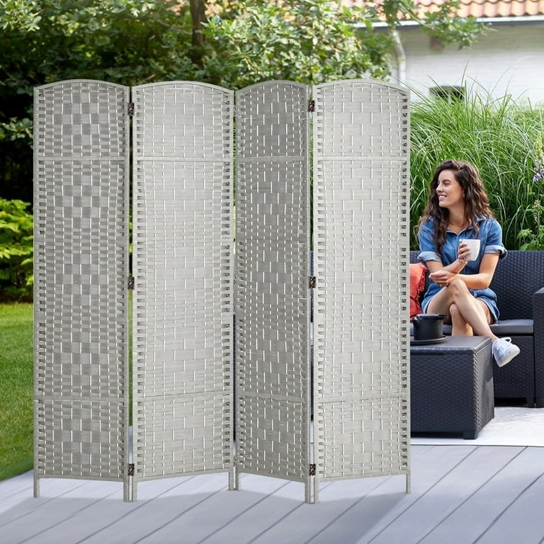 Room Divider Light Grey Woven 4-Panel Arched Top Patio Screen