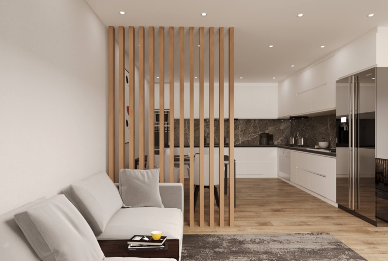Room Divider Light Walnut Wood Slat Screen Architectural Zoning