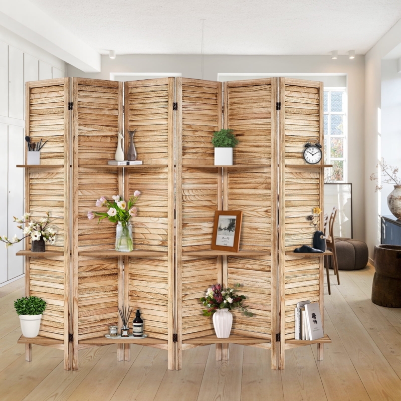 Room Divider Light Wood Louvered Staggered Display Shelves Screen