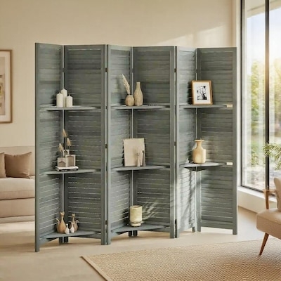 Room Divider Louvered 4-Panel Folding Screen with Integrated Shelves
