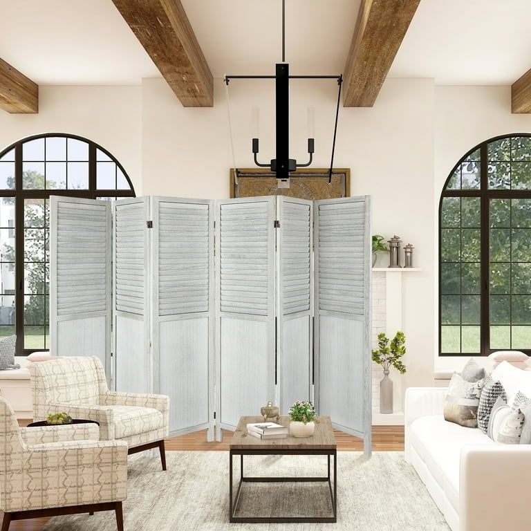 Room Divider Louvered Shutter Style 6 Panel Cream Whitewashed Finish