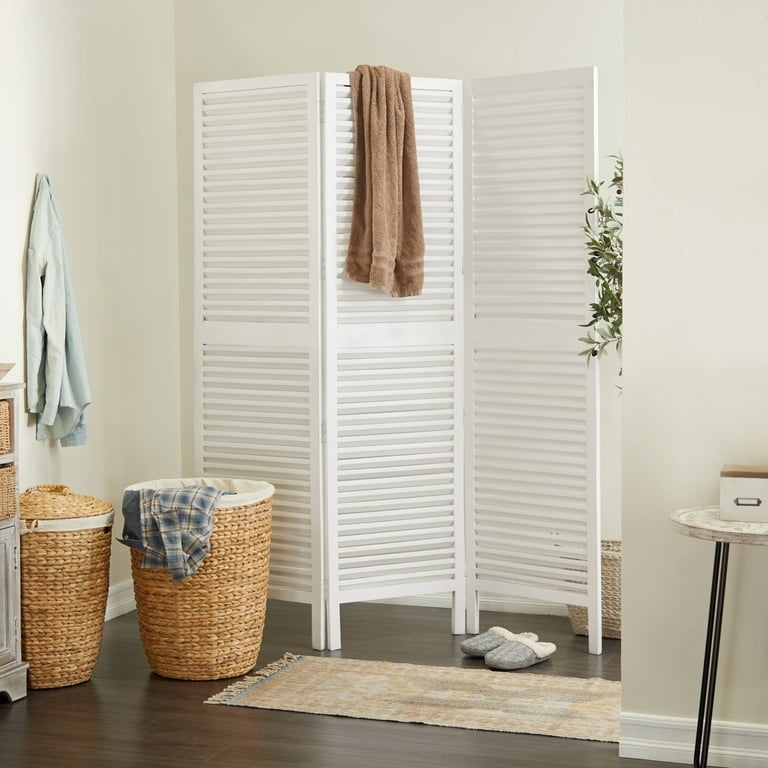 Room Divider Louvered Slats White Wood Three Panel Folding Screen