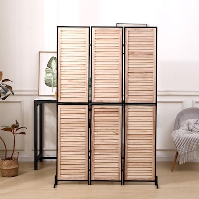 Room Divider, Louvered Wood Slats Black Metal Frame Folding Screen