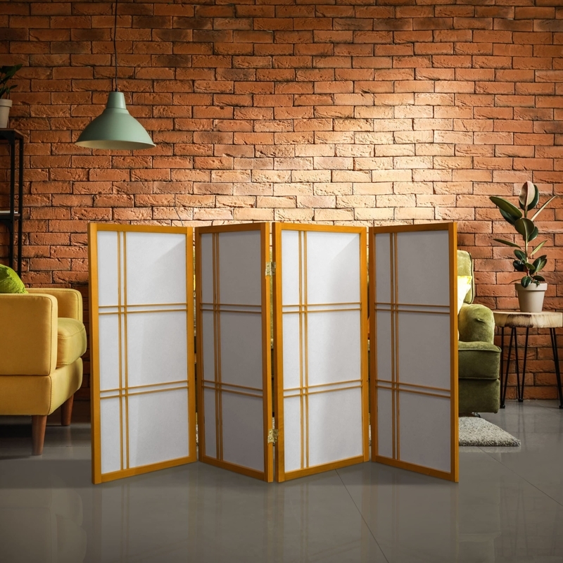Room Divider: Low Profile Honey Wood Shoji Screen Double Cross Lattice