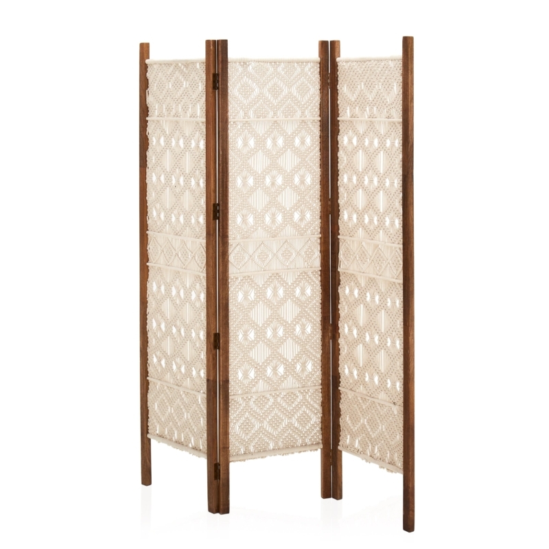 Room Divider Macrame Inserts Diamond Pattern Dark Wood Frame Bohemian