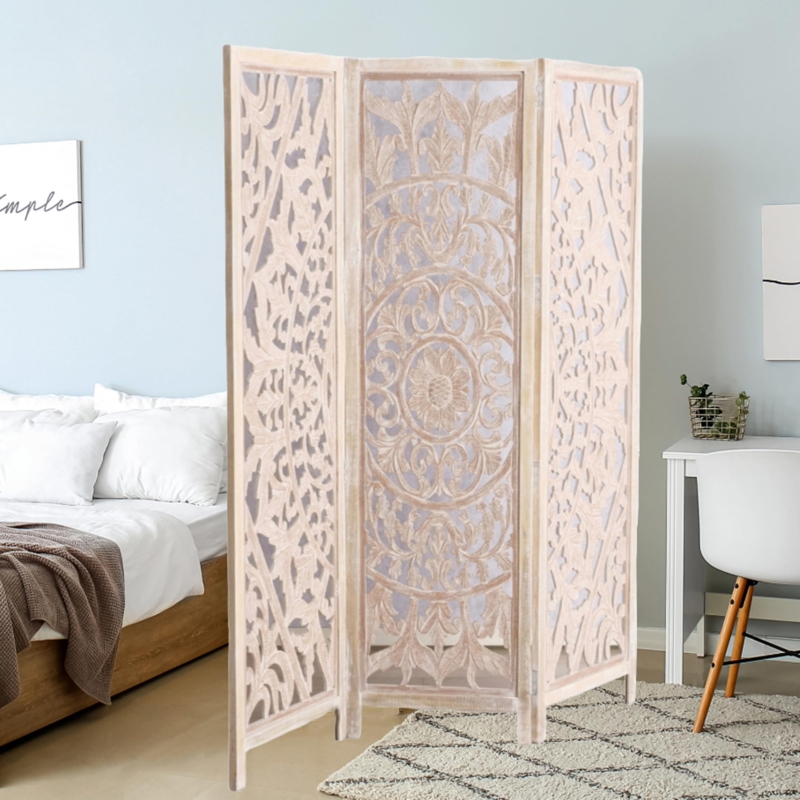 Room Divider Mandala Carved Whitewashed Distressed Boho Screen