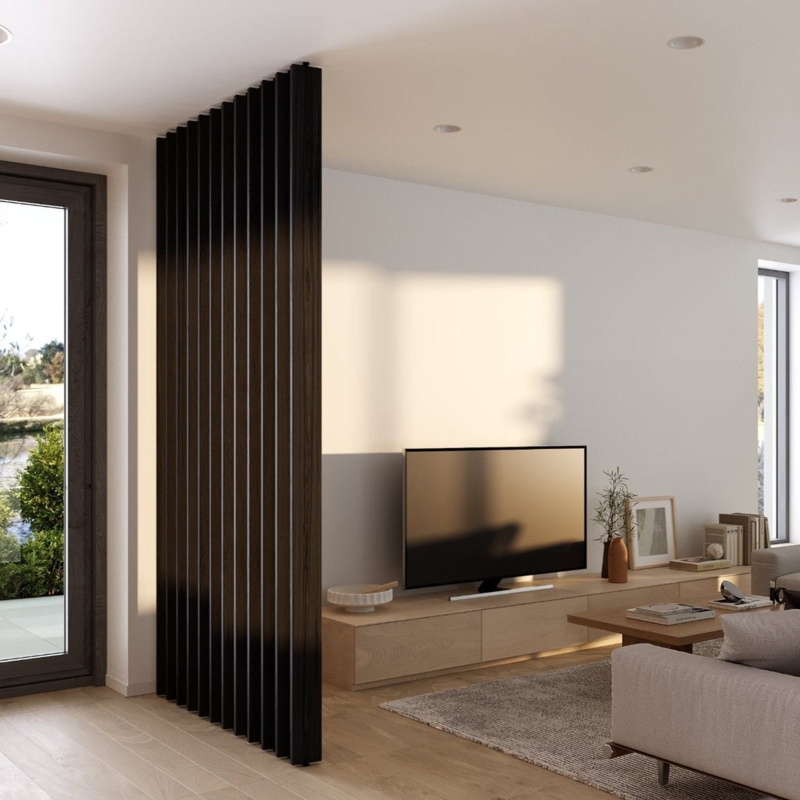 Room Divider Matte Black Wood Slat Partition Japandi Style