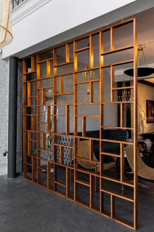 Room Divider Mid Century Geometric Wood Screen, Asymmetrical Grid