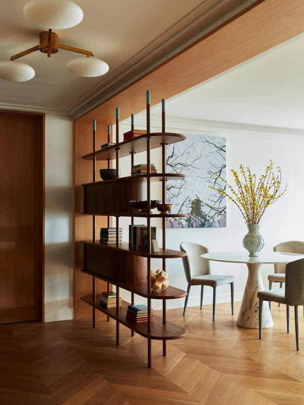 Room Divider: Mid-Century Modern Curved Wood Shelving Unit Styling