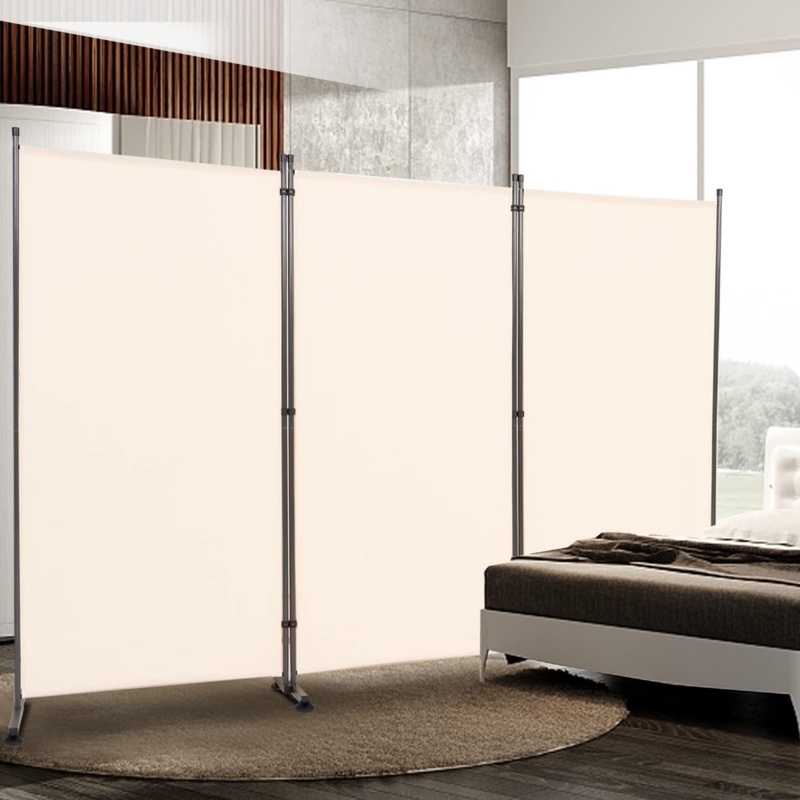 Room Divider Minimalist Black Frame Cream Fabric Panels 3 Panel Footed