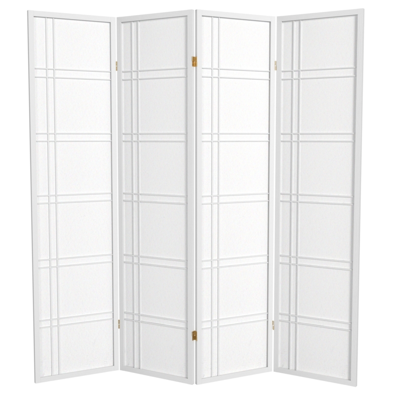 Room Divider: Minimalist White 4-Panel Folding Screen with Lattice Grid