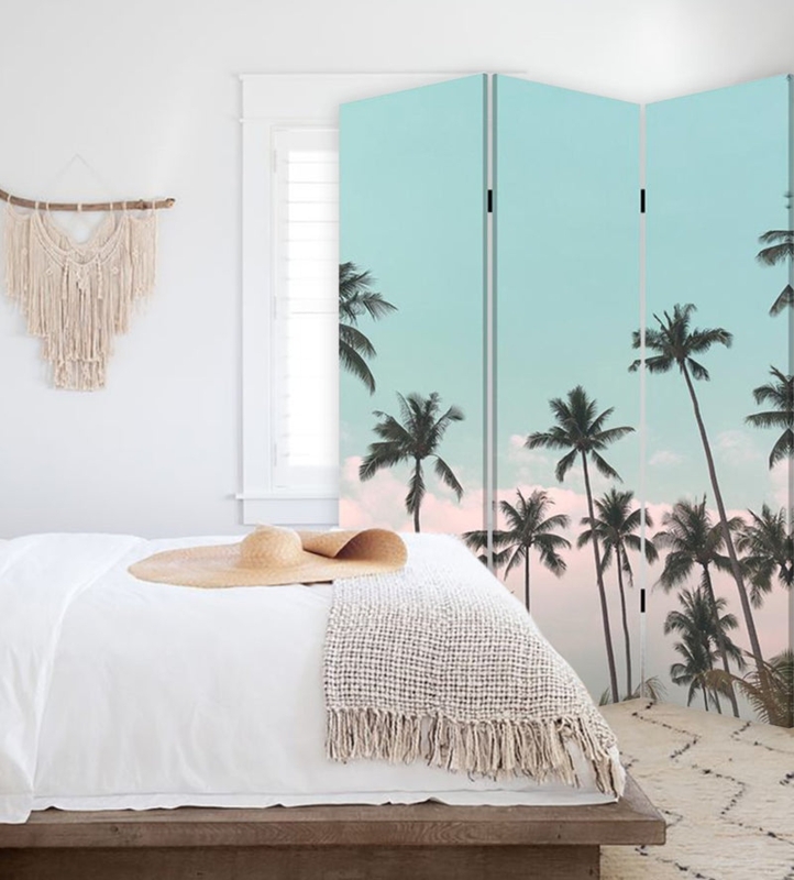 Room Divider Mint Blush Palm Tree Graphic Three Panel Screen
