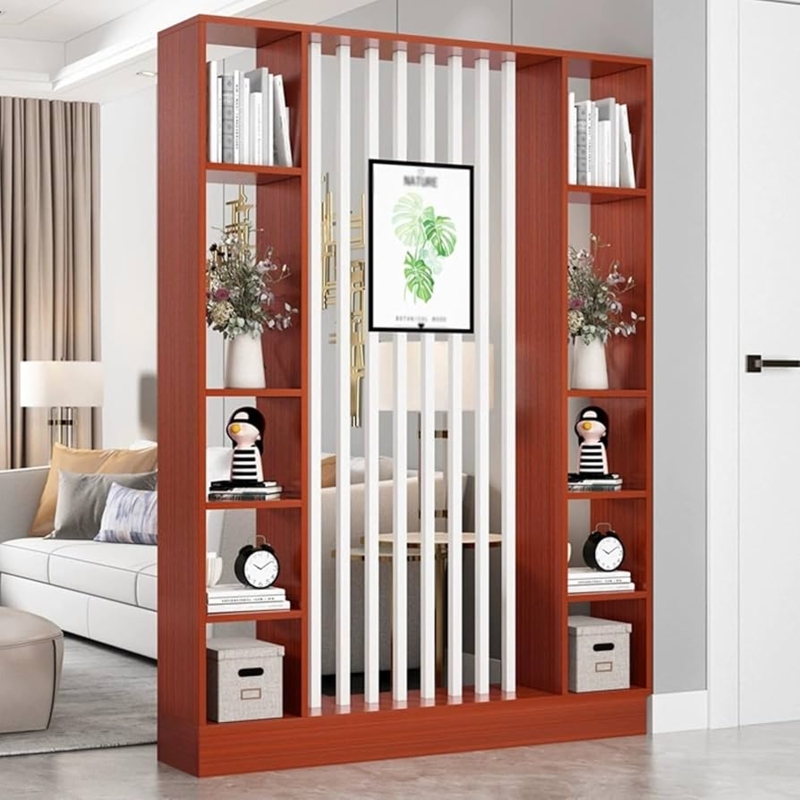 Room Divider, Modern Wood Tone White Slats Integrated Shelving Screen