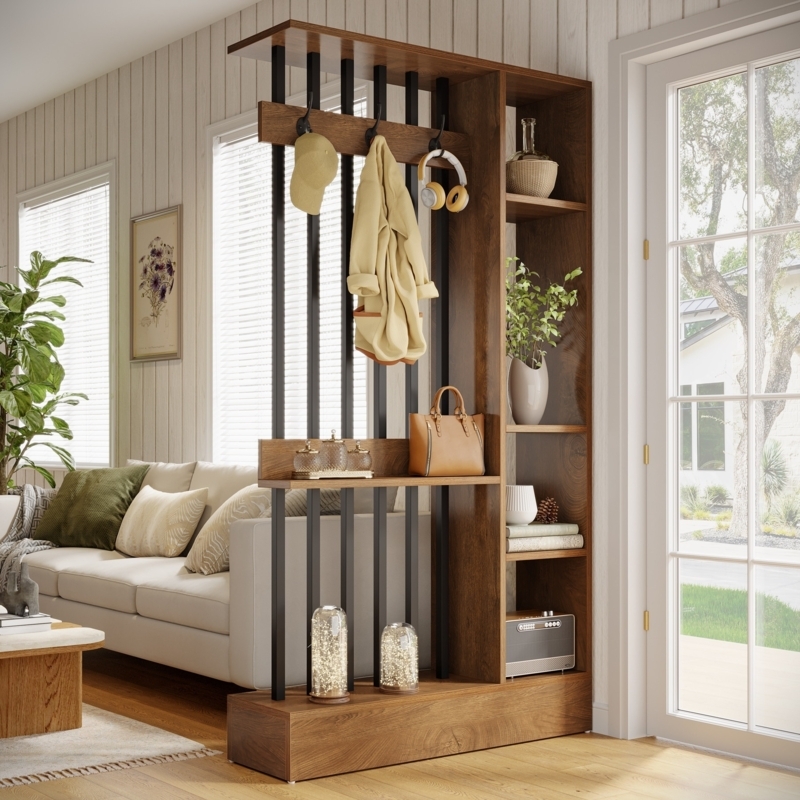 Room Divider Modern Wood Toned Integrated Hall Tree Hooks