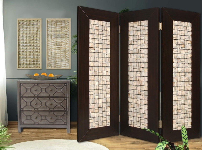 Room Divider Mosaic Inlay Iridescent Panels Dark Frame Folding Screen