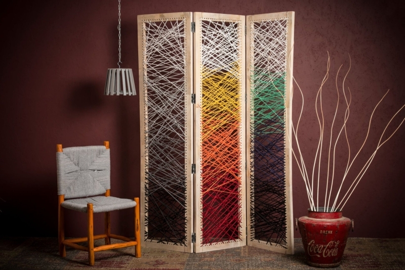 Room Divider Multicolor String Art Crisscross Pattern 3-Panel Screen