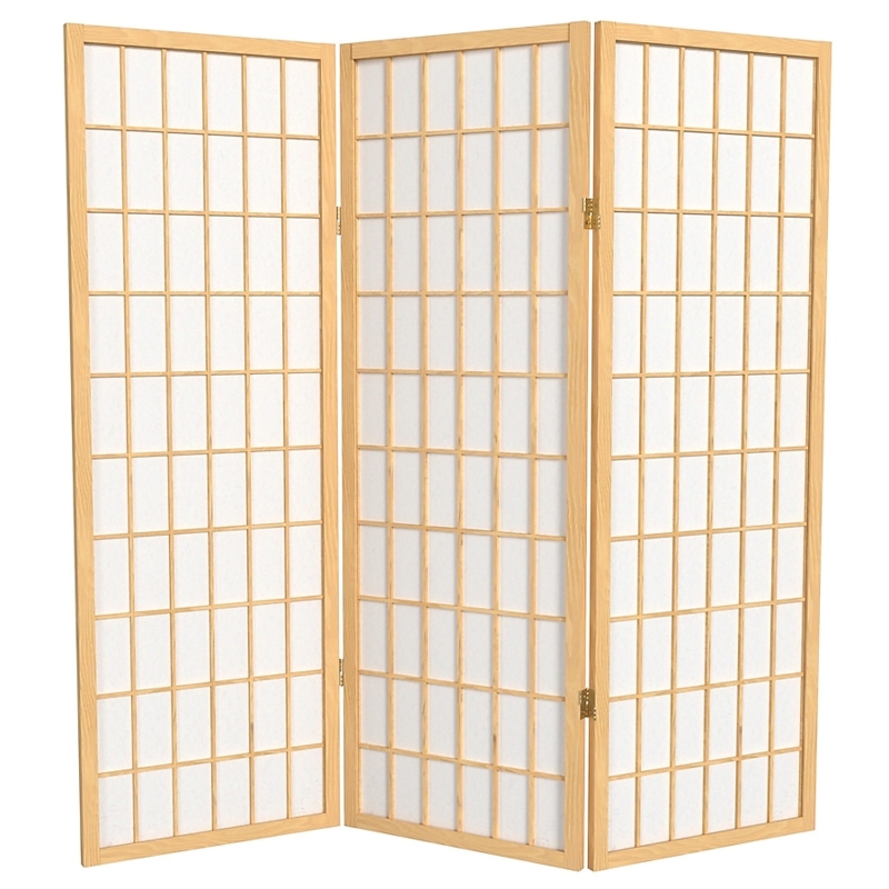 Room Divider: Natural Wood 3-Panel Folding Screen Window Pane Lattice