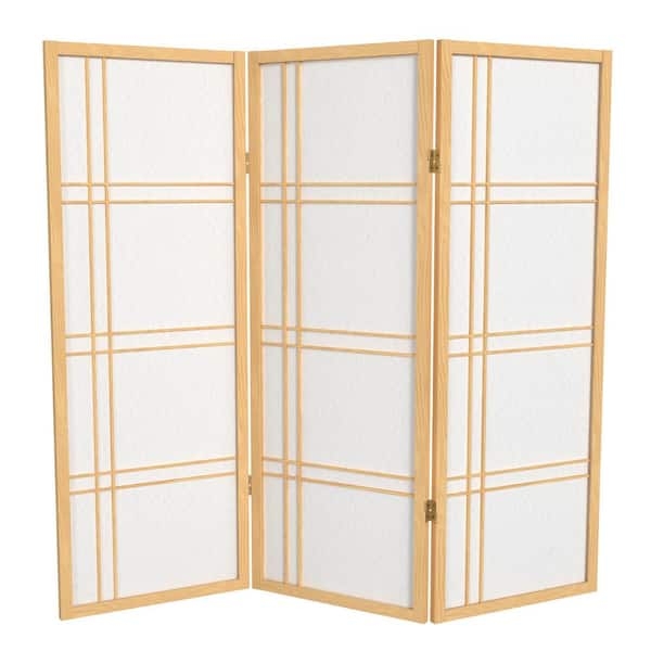 Room Divider: Natural Wood 3-Panel Screen with Double Cross Grid Lattice